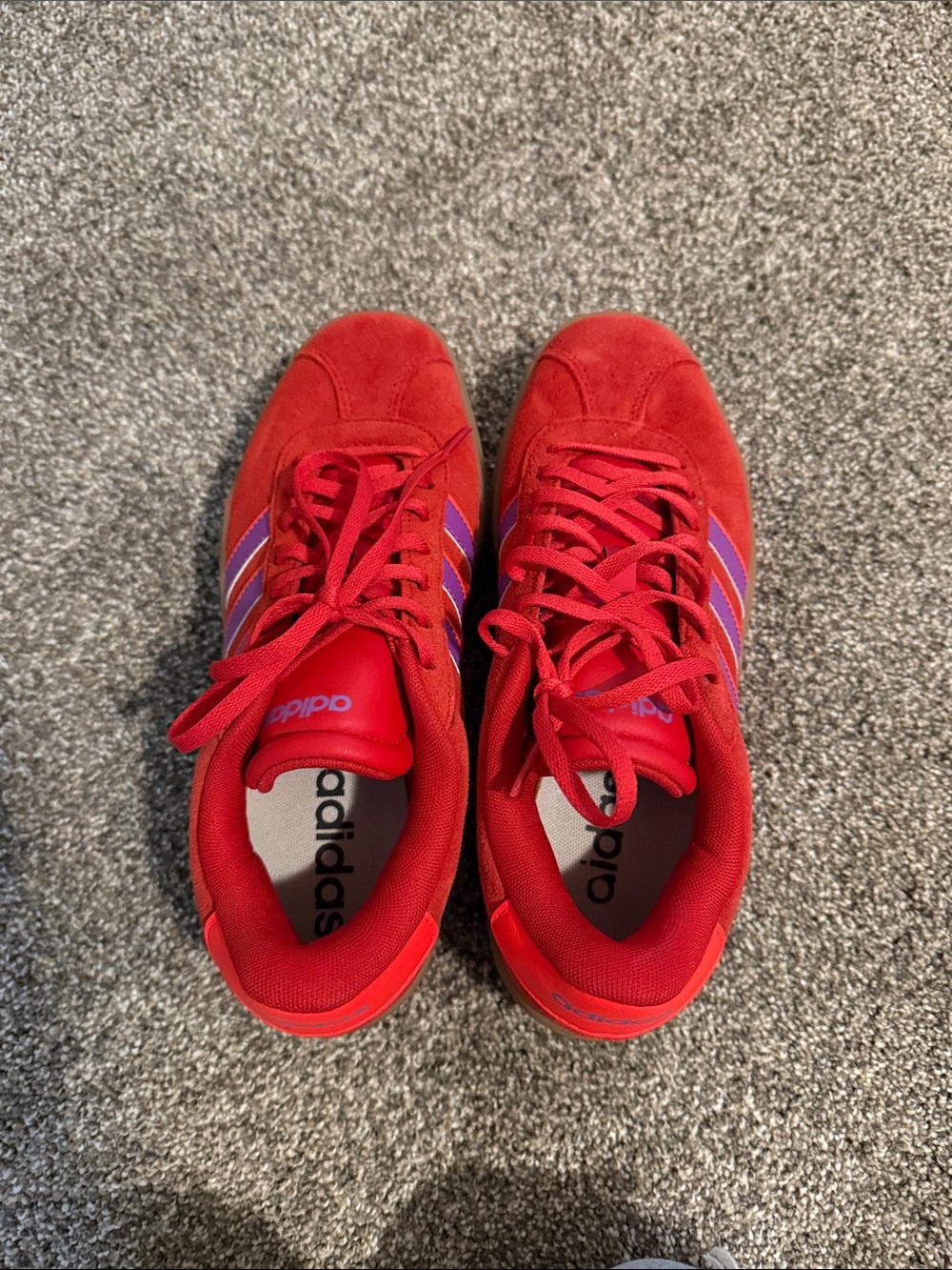adidas Red Suede Sneakers with Purple & Blue Stripes